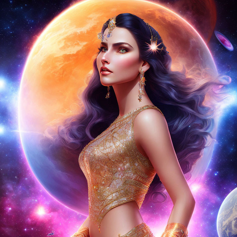 Dark-haired woman with celestial jewelry in cosmic setting