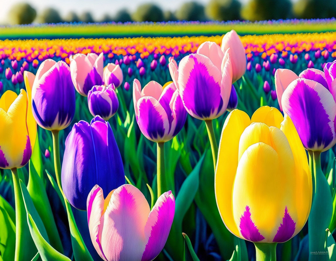 Colorful Tulip Field in Bright Sunlight: Purple, Pink, and Yellow Flowers