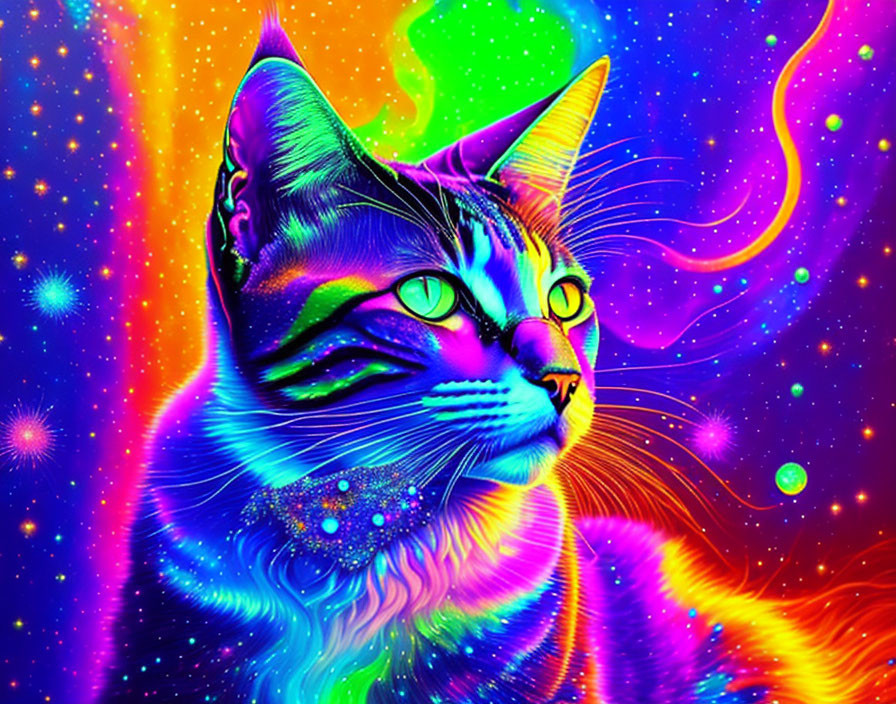 Colorful Cat Portrait in Psychedelic Space Background