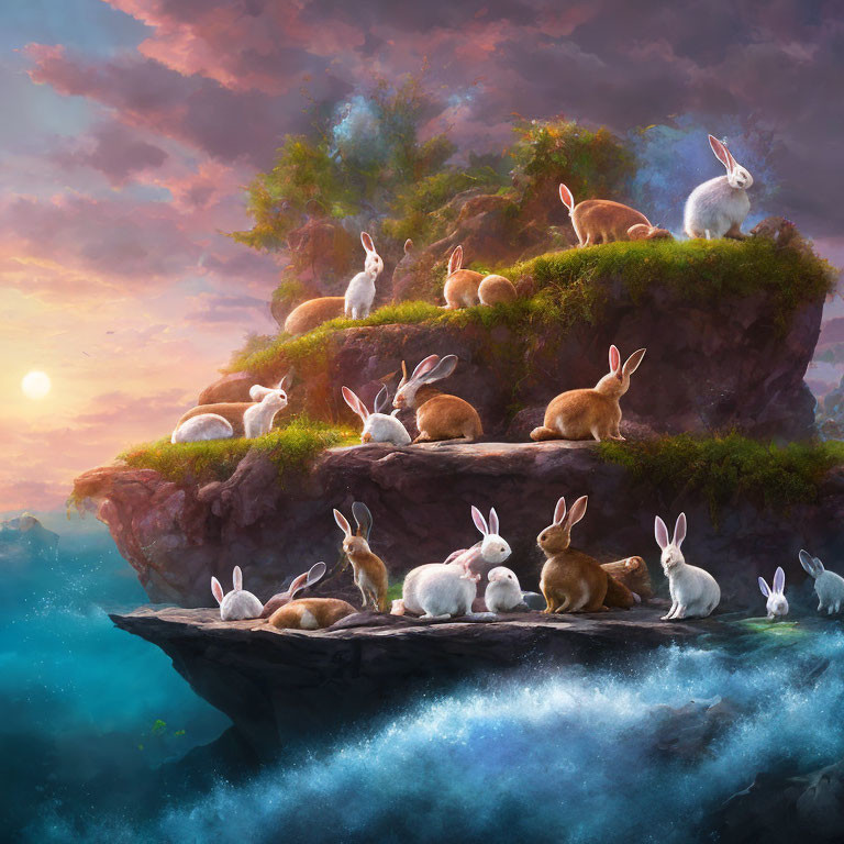 Numerous rabbits on lush floating island at sunset