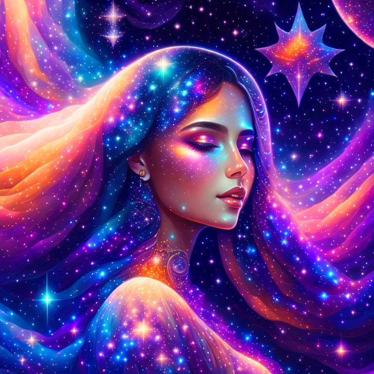 Illustration: Woman adorned with cosmic stars and galaxies, emitting celestial aura