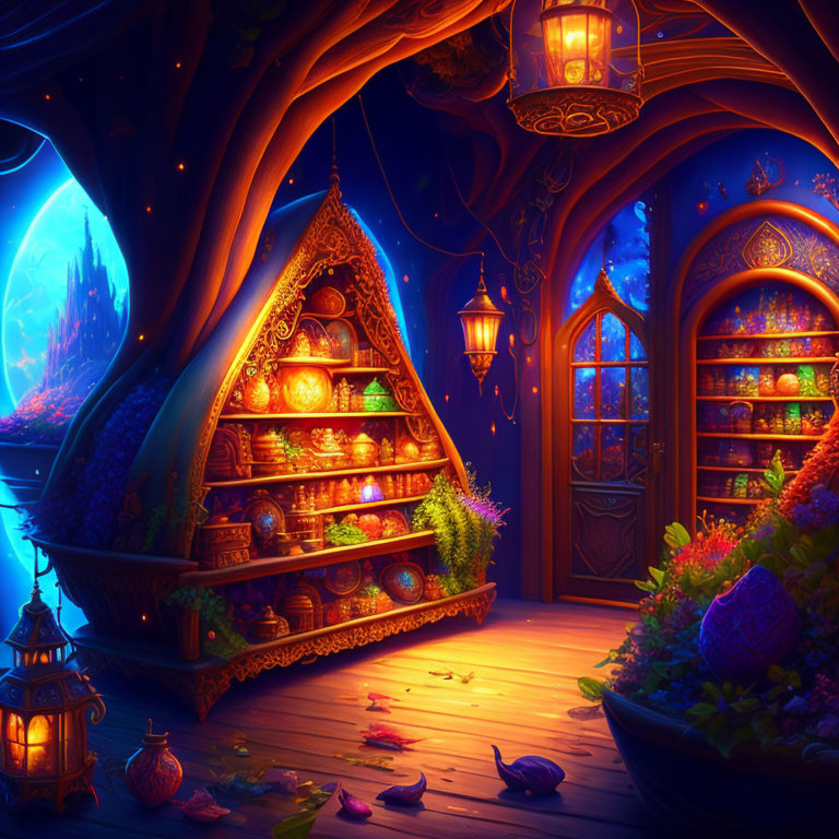 Enchanted forest treehouse with glowing lanterns and potion shelves