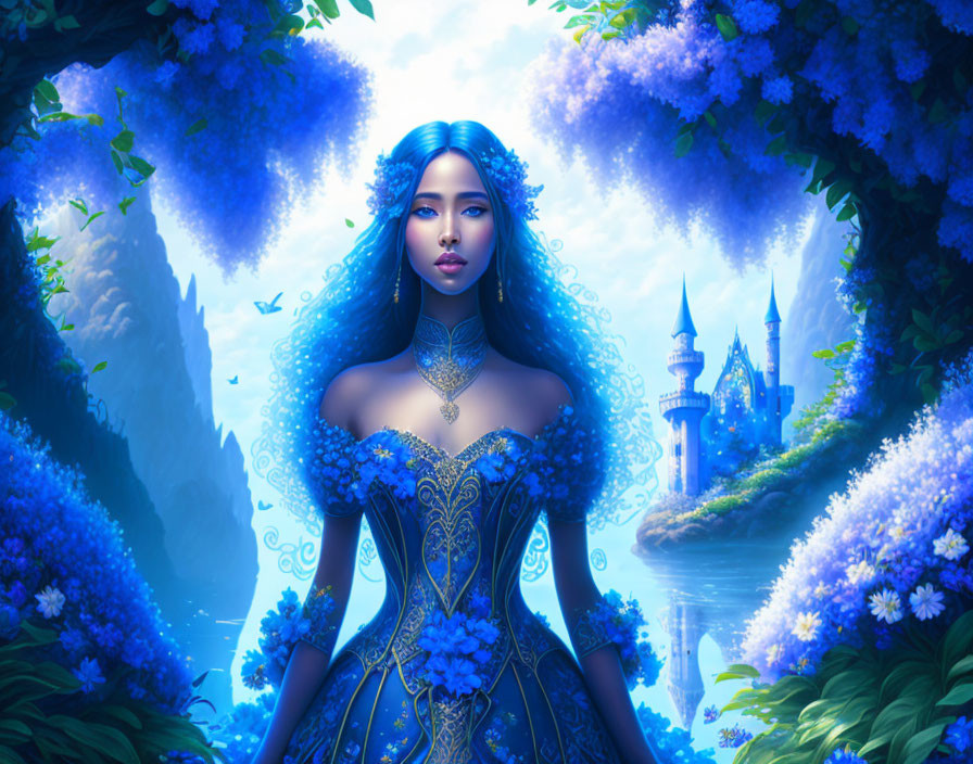 Fantasy digital art: woman with blue hair in floral setting with castle.