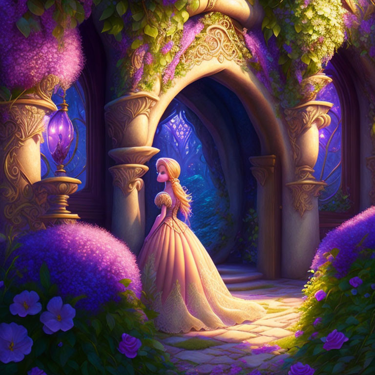 Princess in Golden Gown Contemplating in Twilight Garden