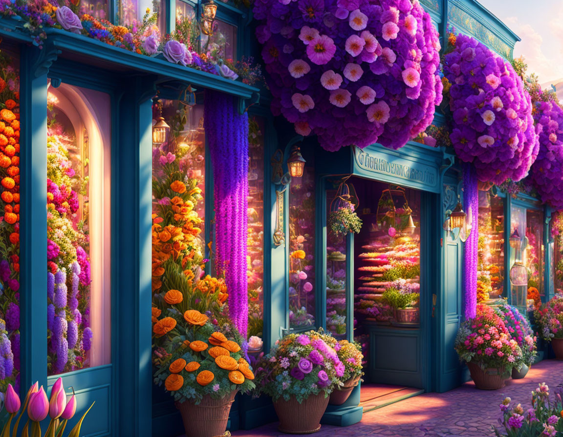 Flower shop with lush purple blooms and colorful flowers in sunlight