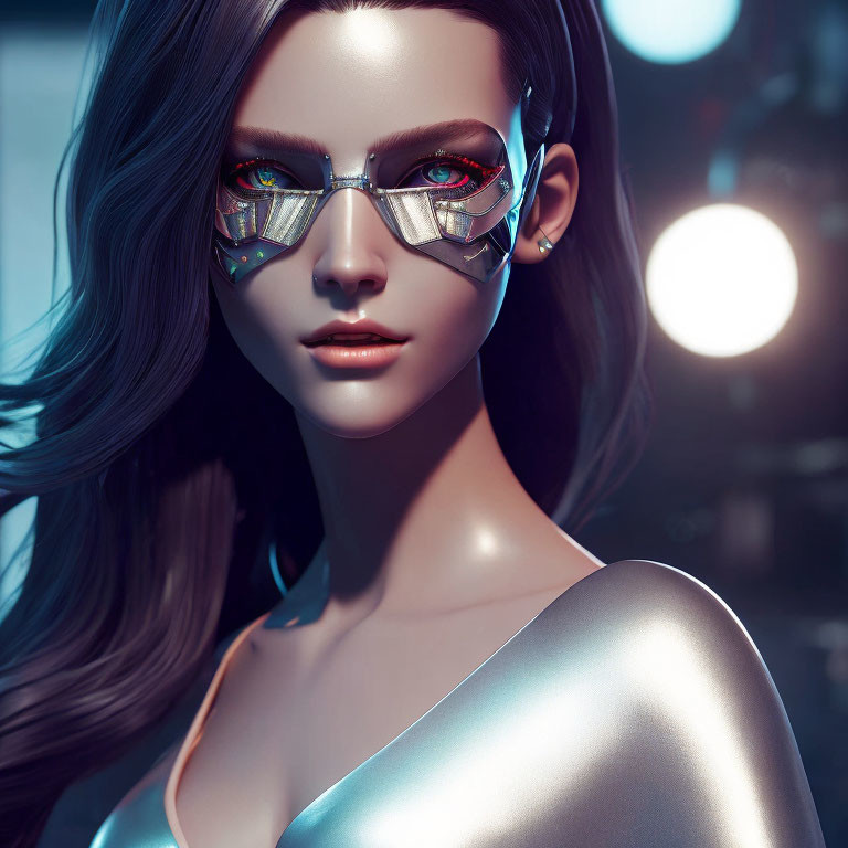 Digital artwork: Woman in futuristic glasses and shiny attire, serious expression, softly lit background