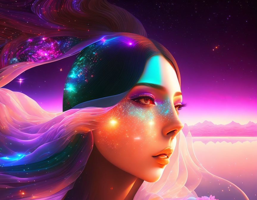 Cosmic-themed digital artwork featuring a woman with starry hair and nebulae skin