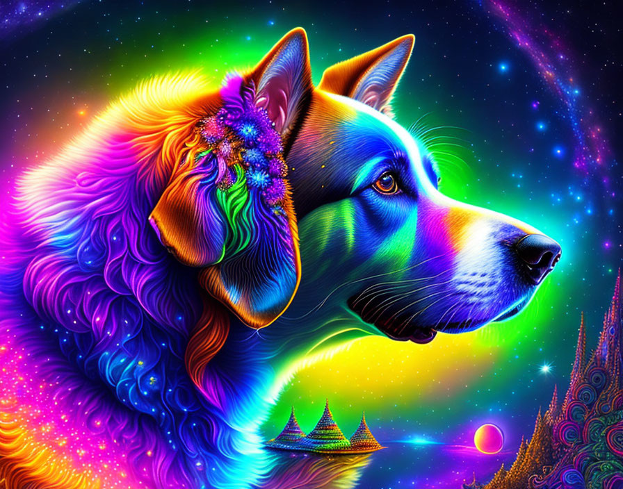 Colorful digital artwork: Dog in neon colors on cosmic background