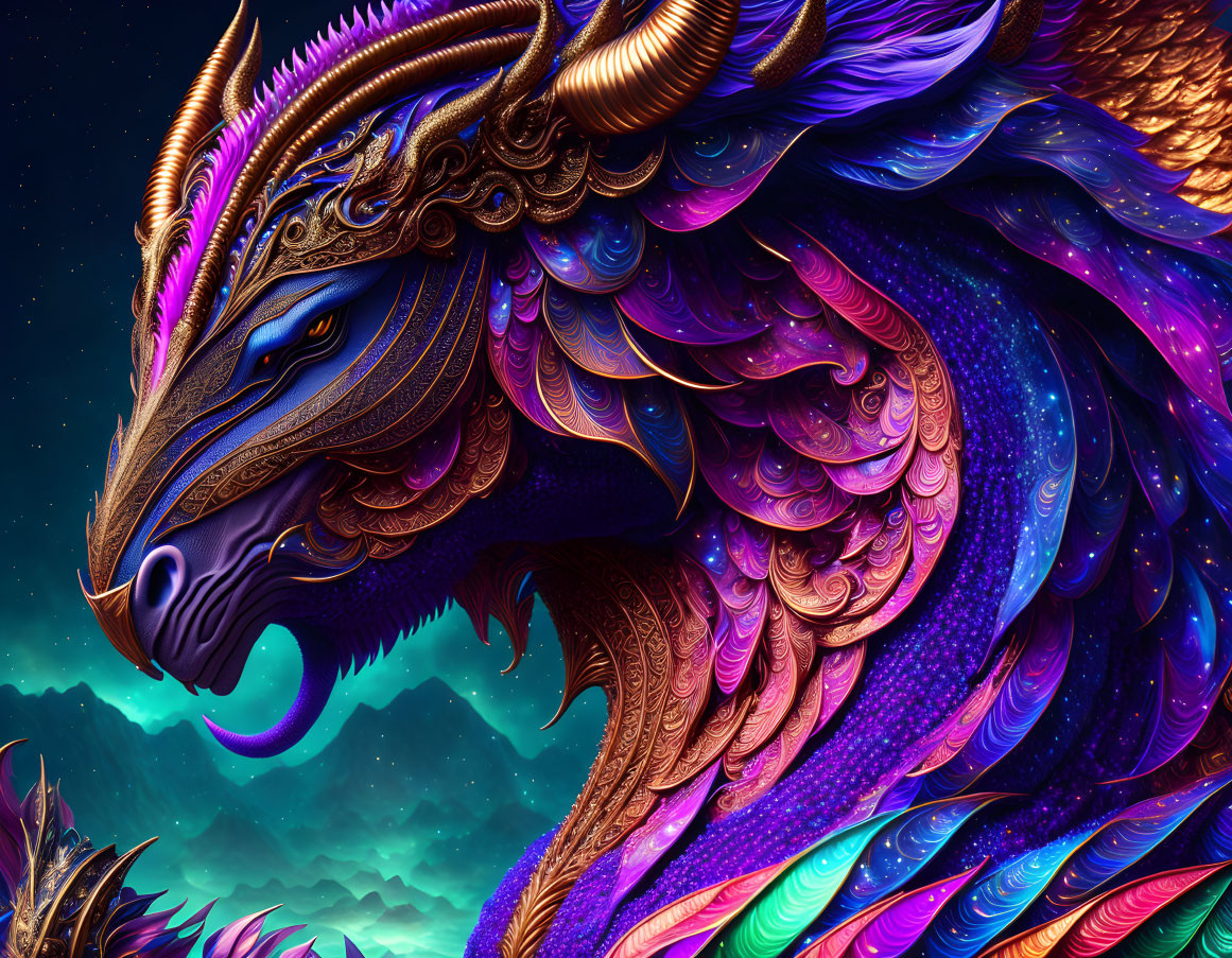 Mythical dragon illustration with iridescent blue and purple scales on starry night sky