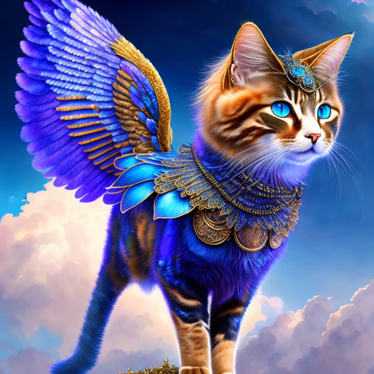 Fantastical Cat with Vibrant Blue Wings and Ornate Jewelry on Dramatic Sky Background