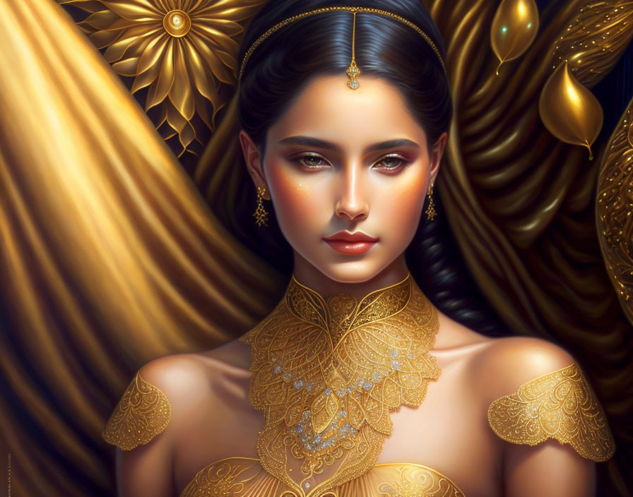 Elaborate golden jewelry on woman in digital portrait