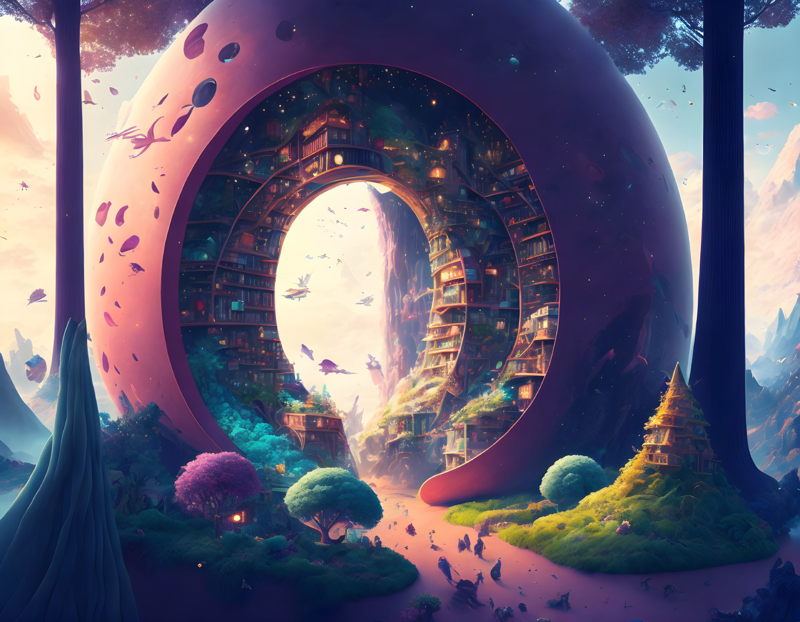 Circular surreal structure with buildings in vibrant landscape.