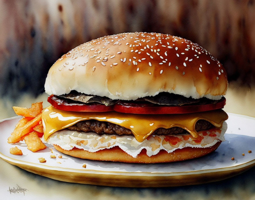 Realistic Watercolor Painting of Cheeseburger and Fries on Plate