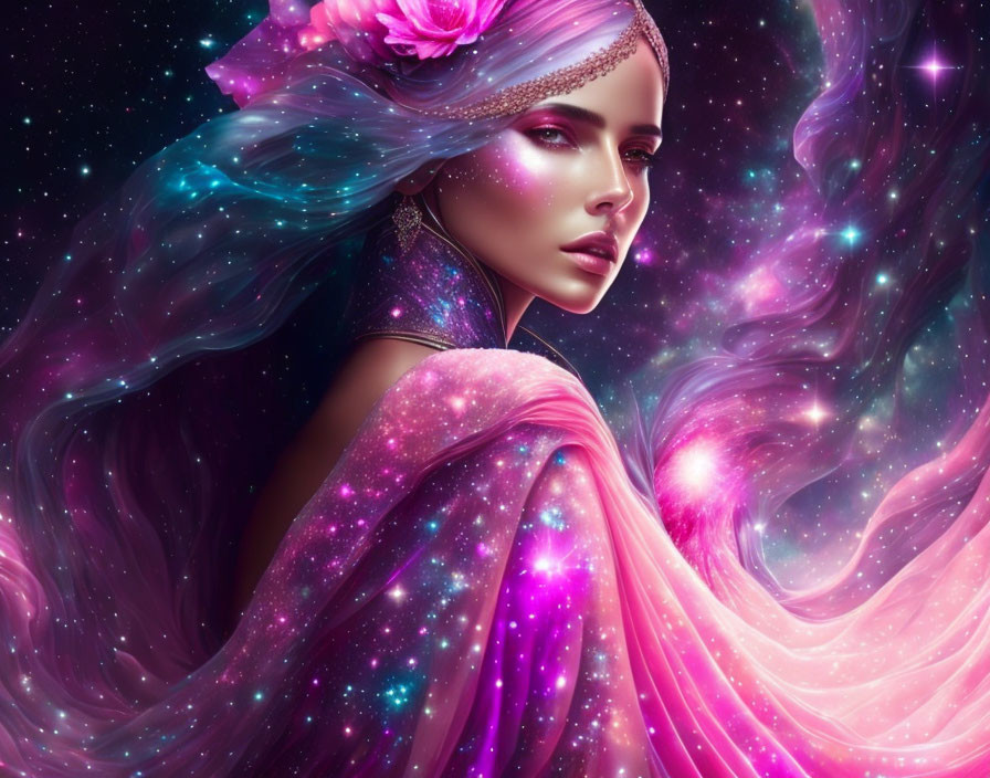 Cosmic-themed digital artwork of a woman blending into starry galaxy background