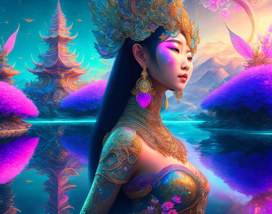 Digital artwork of elegant woman in ornate jewelry & traditional attire in vibrant fantasy landscape.