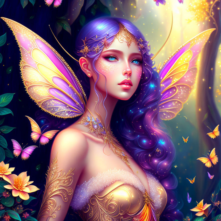 Luminescent fairy with delicate wings in mystical forest with butterflies and glowing lights