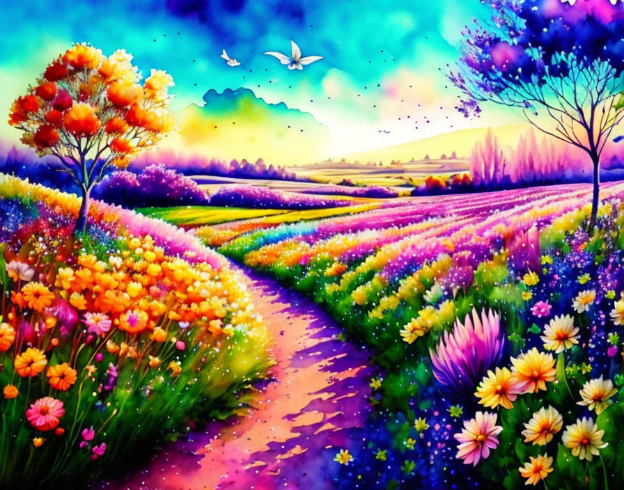 Colorful Landscape with Flowers, Trees, Birds, and Sunset Sky
