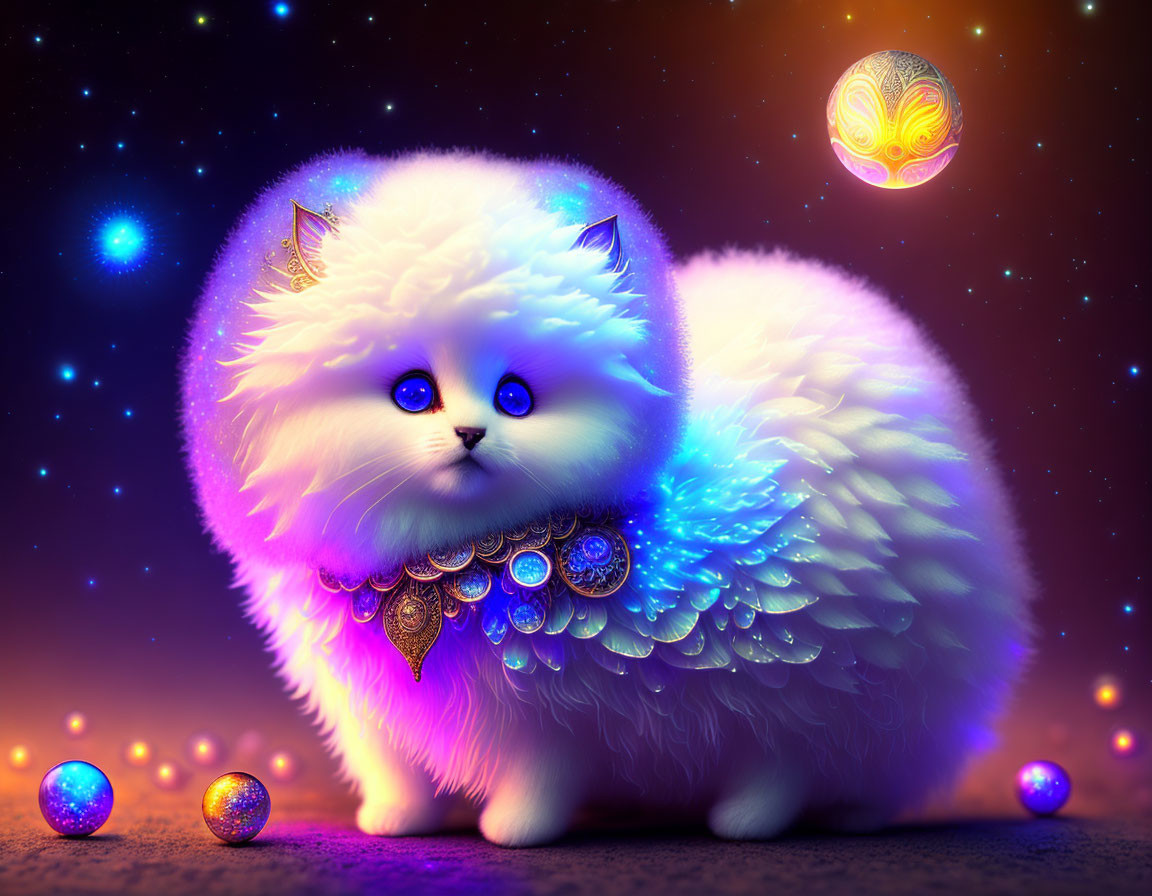 Fantastical white cat with wings and jewelry in cosmic setting