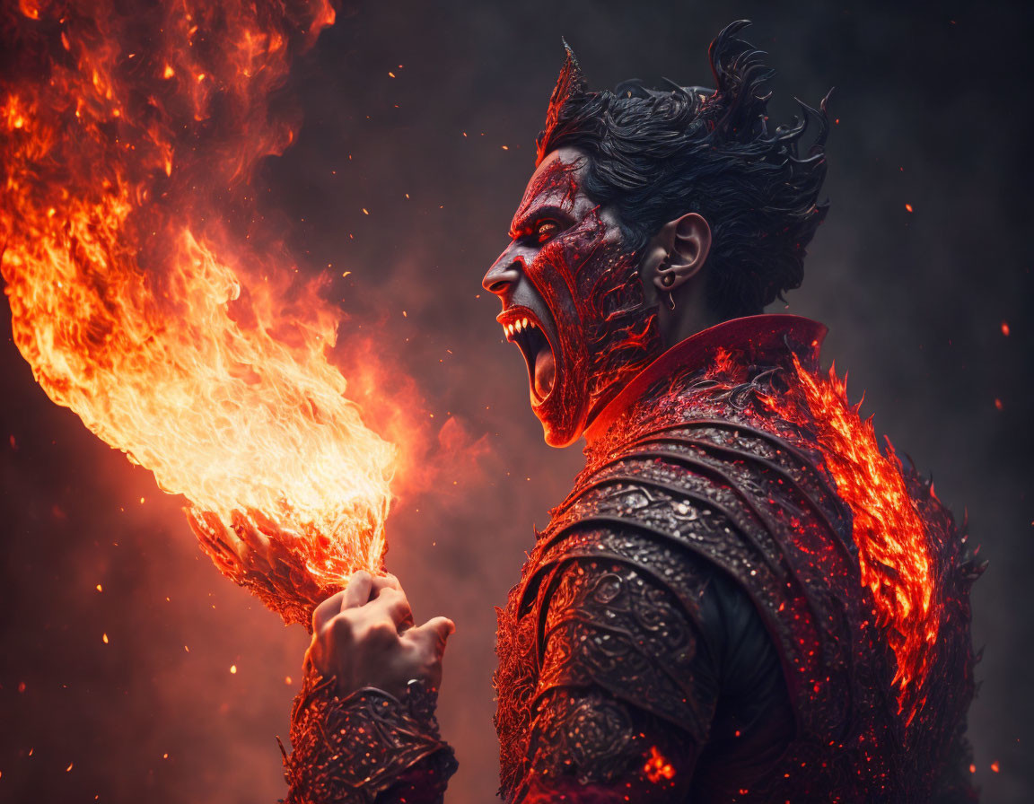 Person in demonic red makeup exhales fire in textured armor against dark smoky background