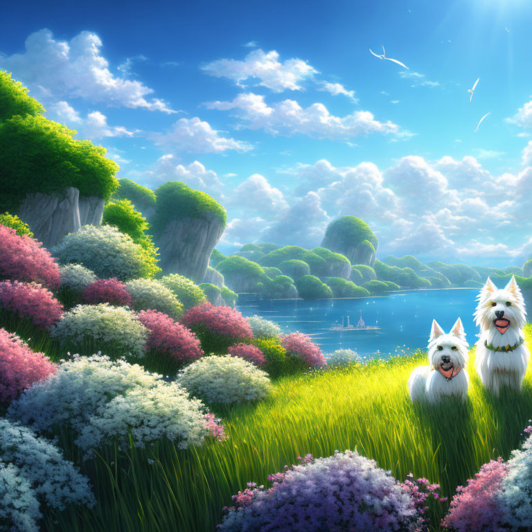 Tranquil landscape with flowers, smiling dogs, river, islands, and blue sky