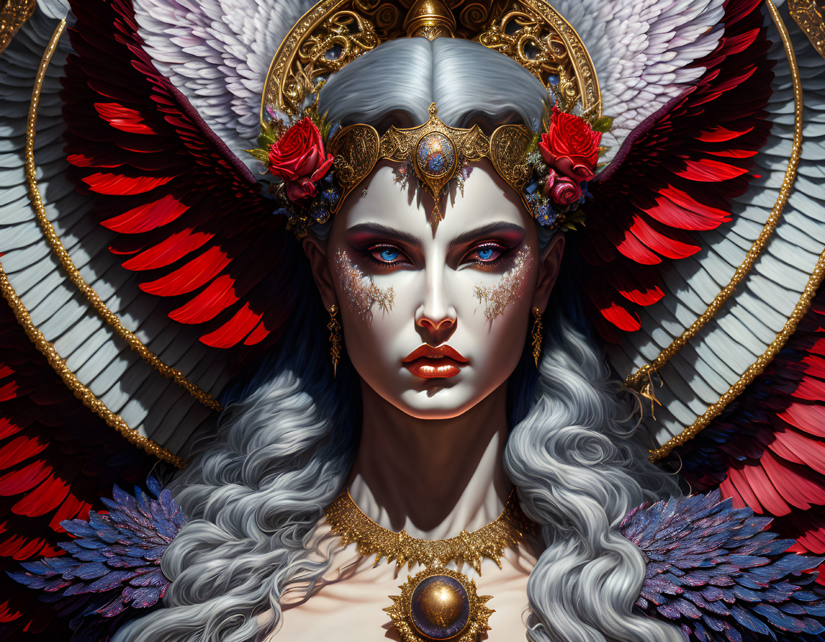 Detailed illustration of character with silver hair, fair skin, blue eyes, red and gold wings.