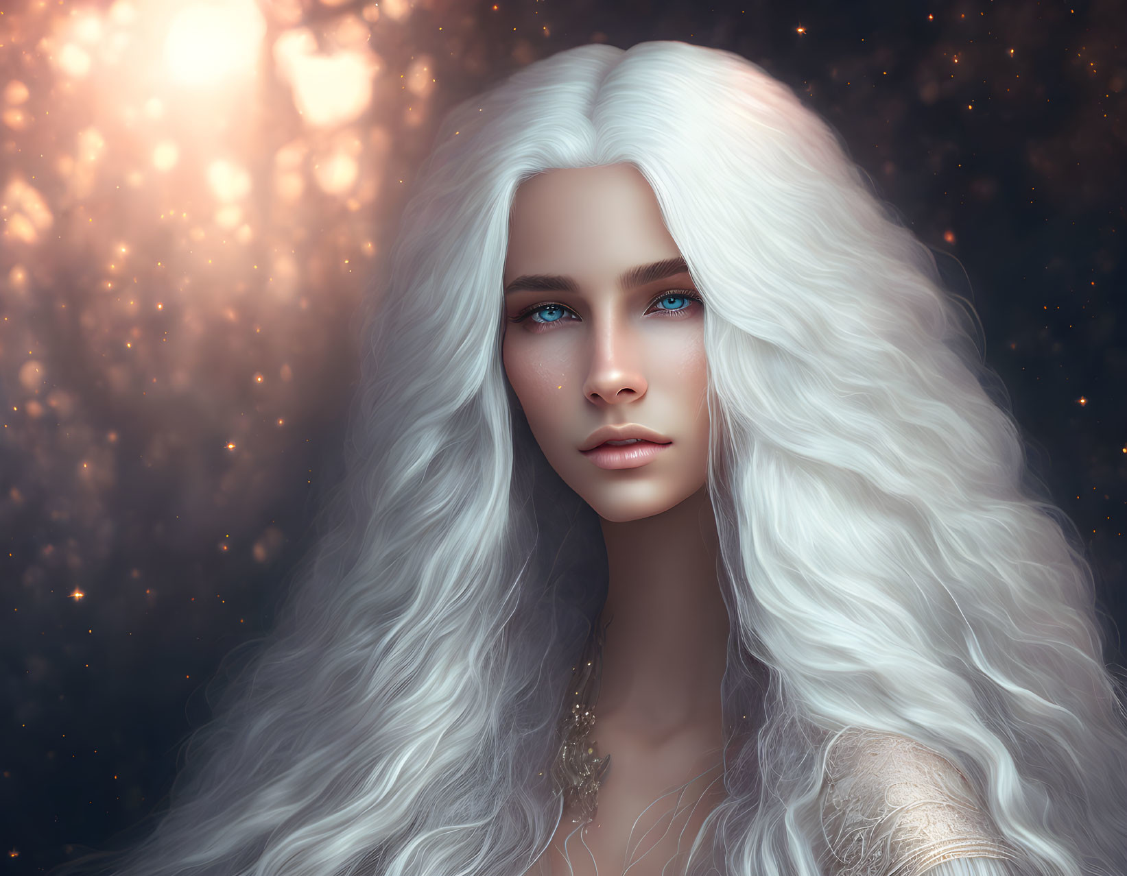 Portrait of Woman with Long White Hair Against Starry Background