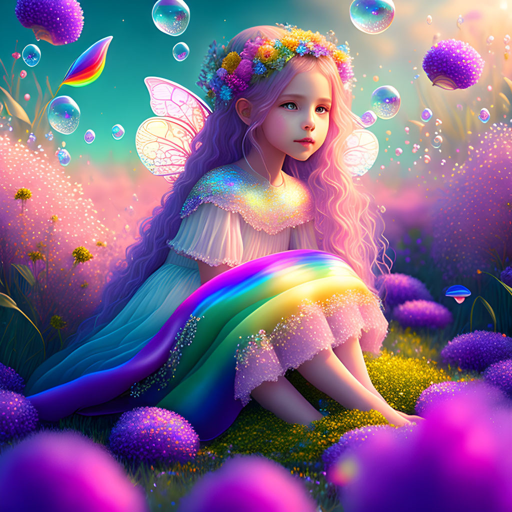 Illustration of fairy girl in magical meadow with bubbles, flowers, rainbow, and butterfly