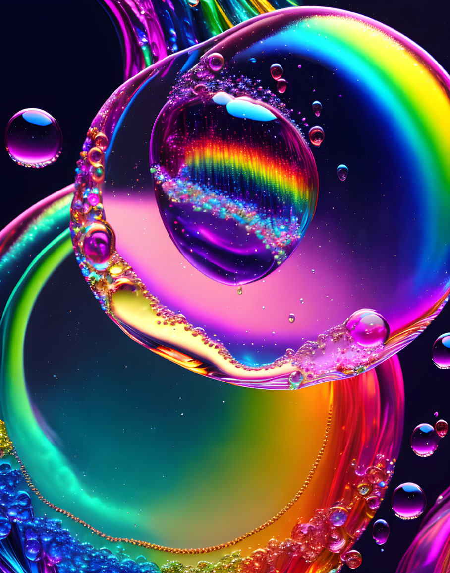 Colorful Soap Bubbles with Rainbow Gradients on Dark Background