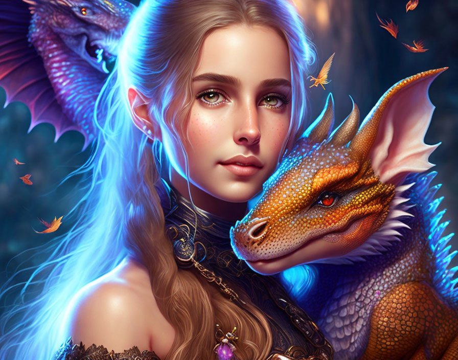 Fantasy portrait of young woman with green eyes and dragons in ethereal forest