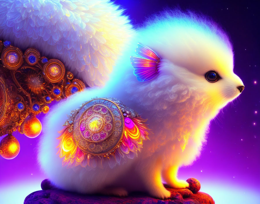 Colorful Fluffy Creature with Angelic Wings and Jewel-Encrusted Body on Purple Starry