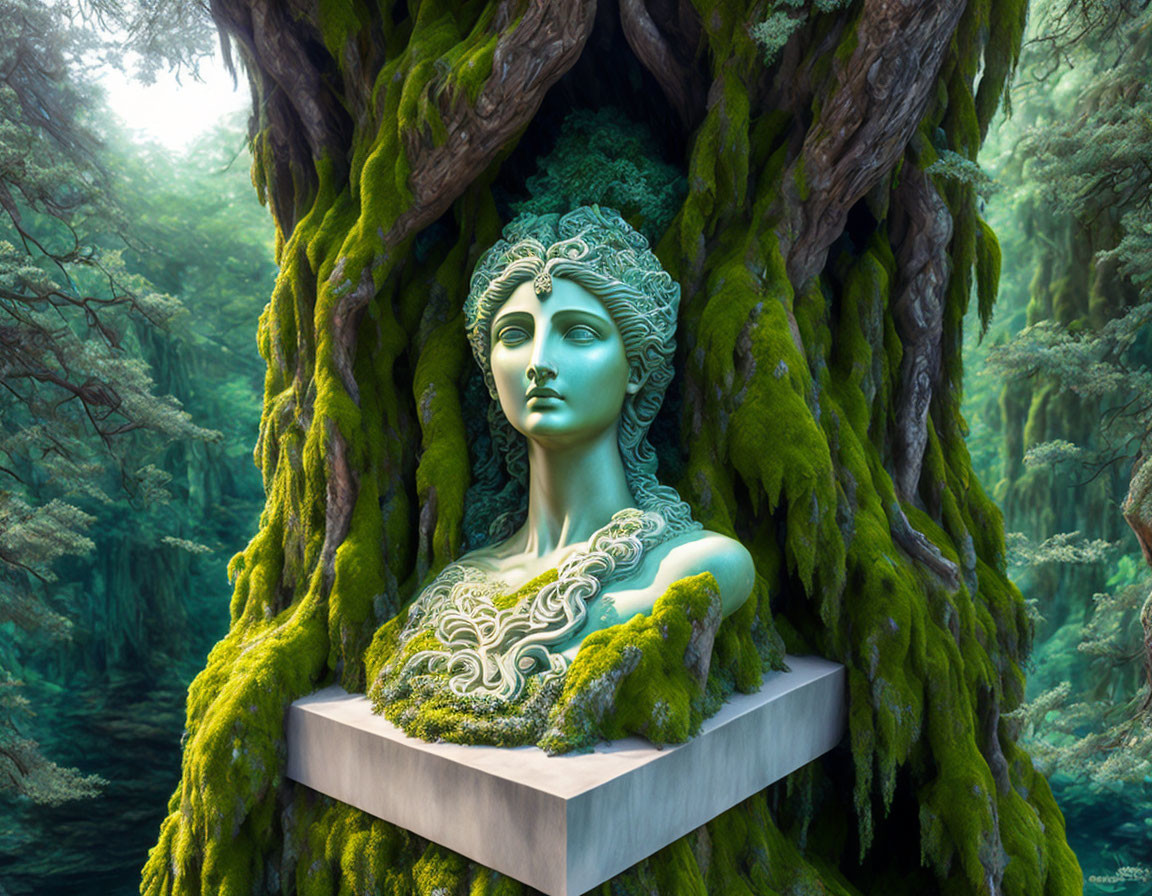 Digital artwork: Serene female face in tree trunk in mystical forest