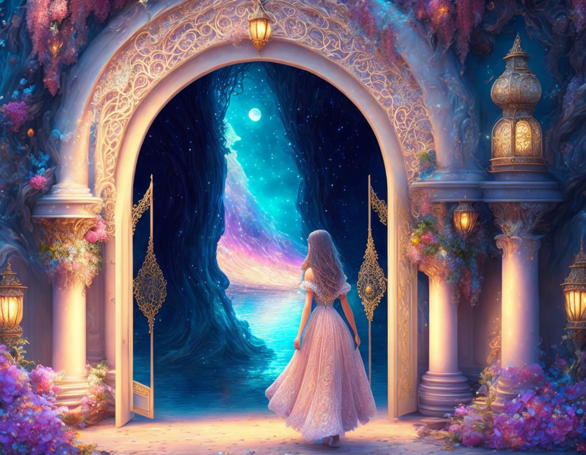 Woman in flowing dress at magical archway under night sky with flowers and lanterns