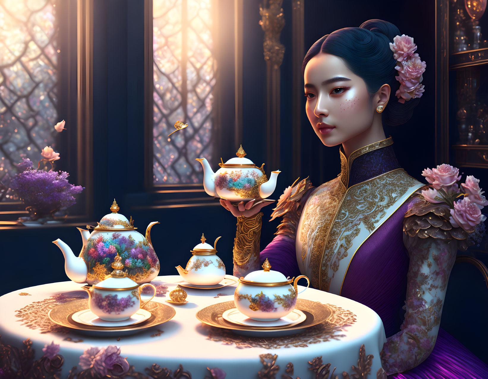 Traditional tea pouring at elegantly set table with blooming flowers