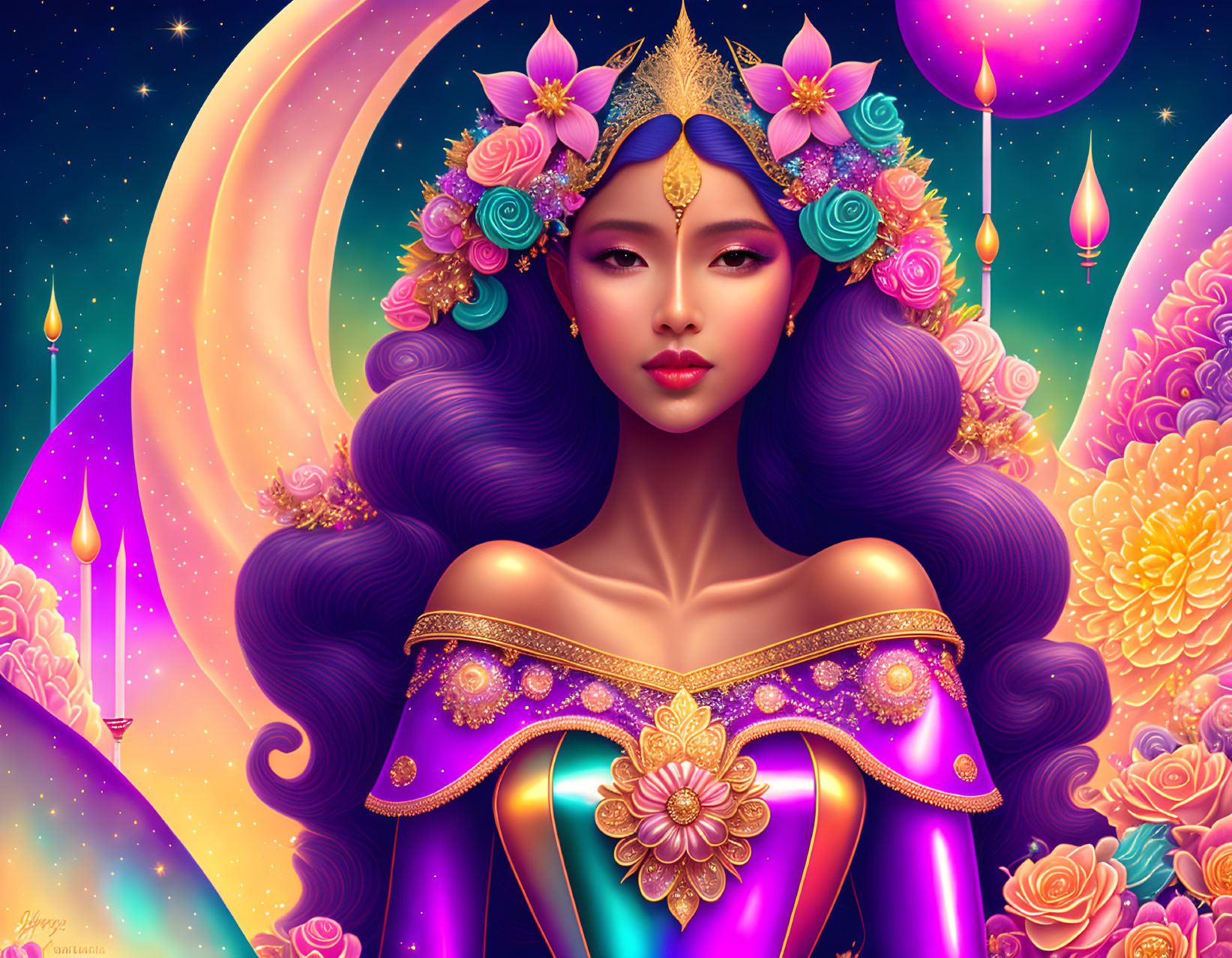 Colorful illustration: Woman with purple hair and floral jewelry in magical setting