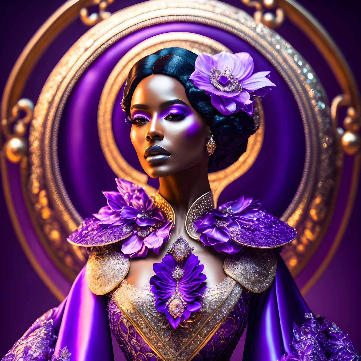 Woman with stylized makeup in ornate purple attire amidst golden circular frames