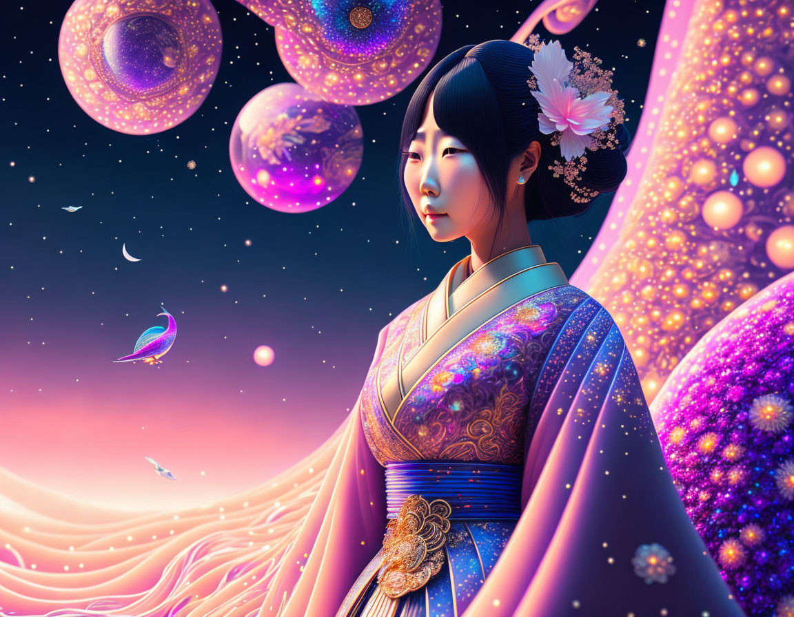 Stylized illustration of woman in Asian attire against cosmic background