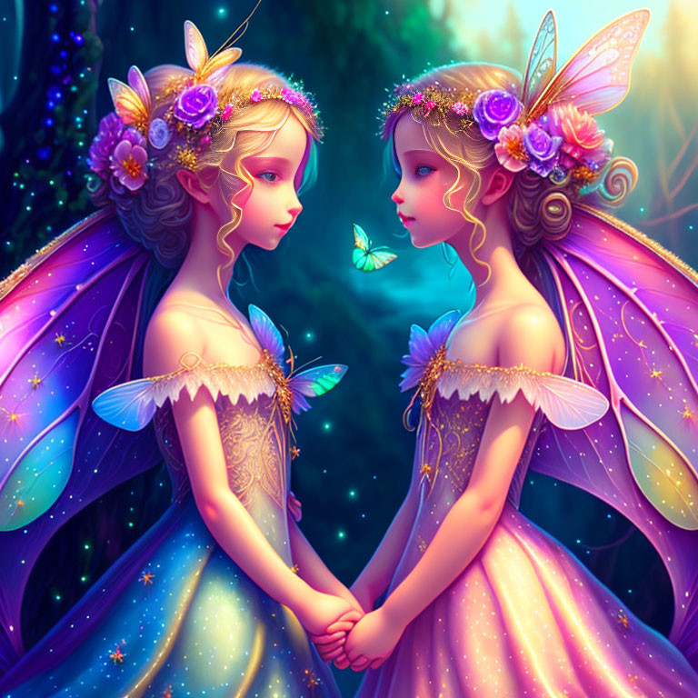 Fairy characters with translucent wings in pink dresses in magical forest