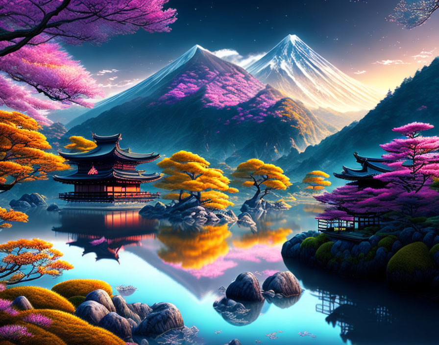 Traditional Japanese landscape with Mount Fuji, pagodas, cherry blossoms, and a sunset lake.