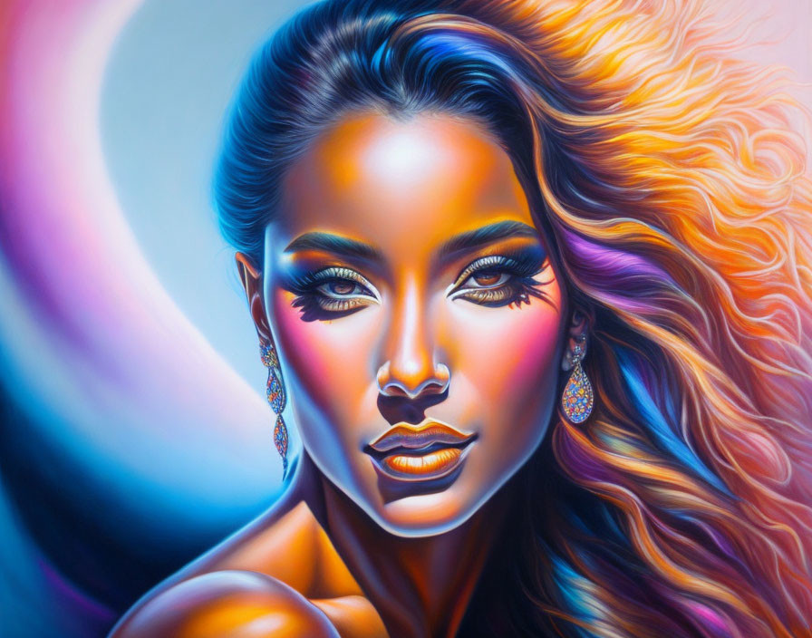 Colorful portrait of woman with flowing hair and striking makeup on cool-toned backdrop