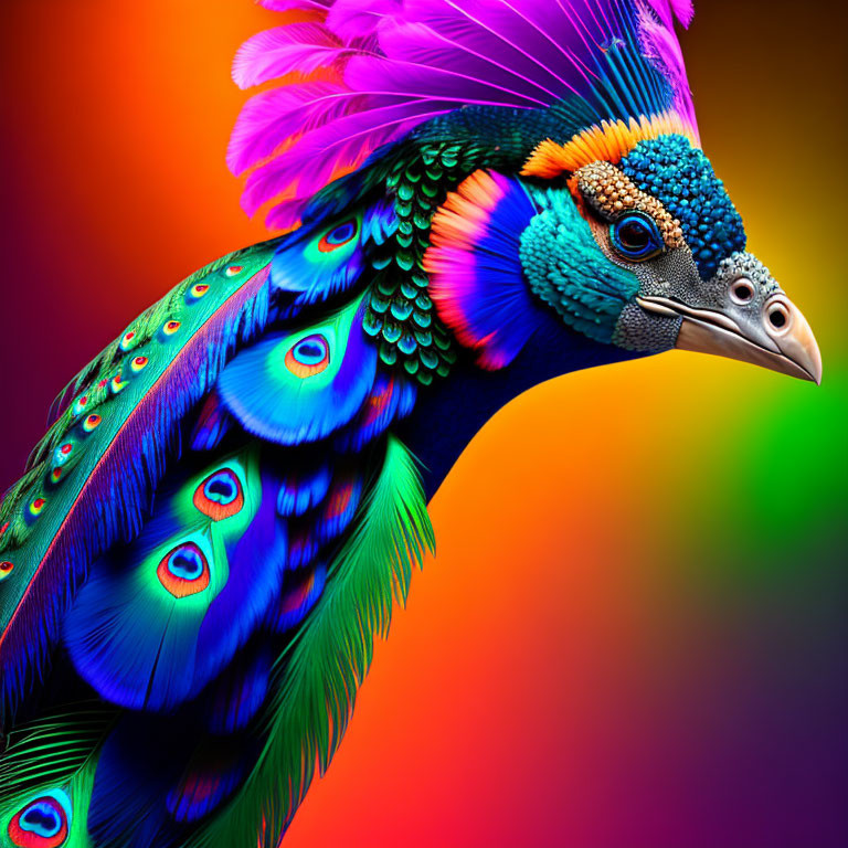 Colorful Peacock with Blue and Green Plumage on Rainbow Background