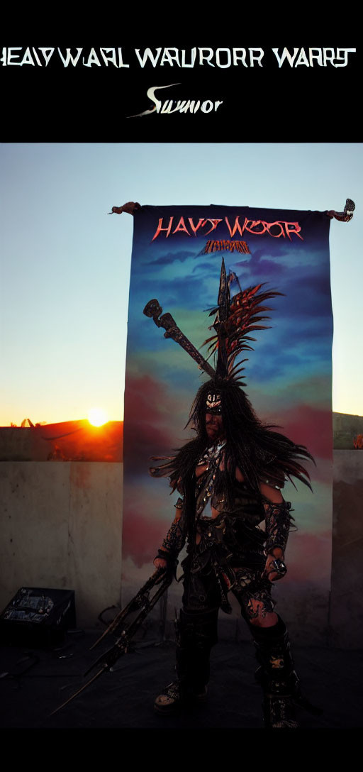 Elaborate Warrior Costume with "Heavy Metal Warrior" Banner at Sunset