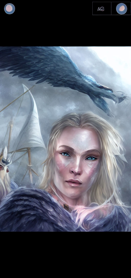 Blonde Woman with Green Eyes, Face Paint, Dragon, and Viking Ship