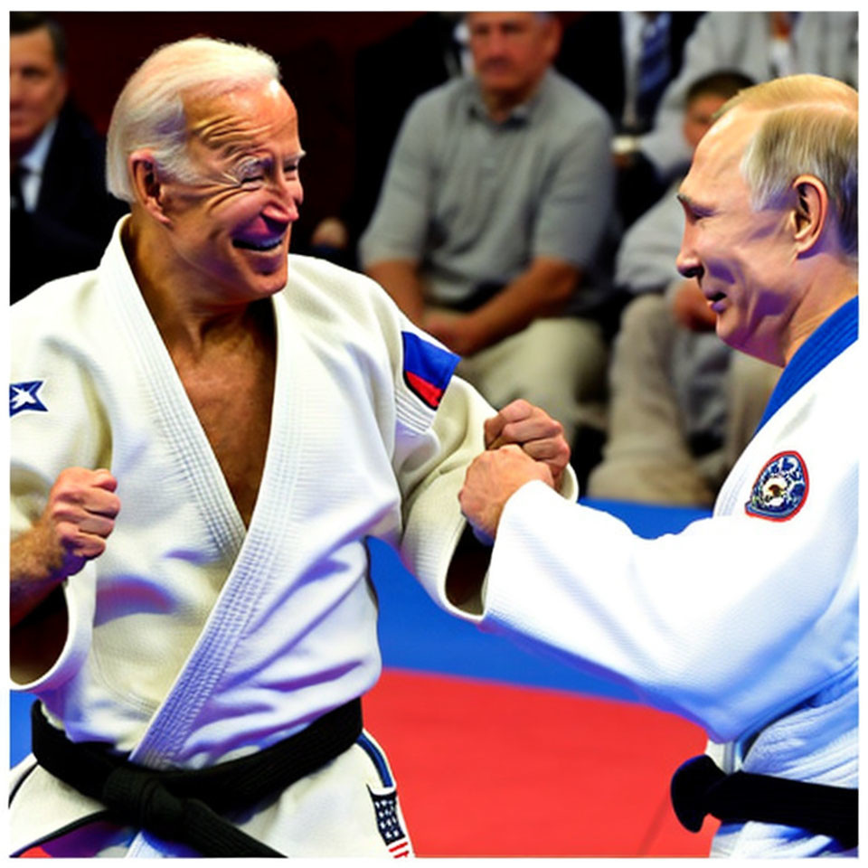 Two men in judo gi uniforms greeting each other warmly.