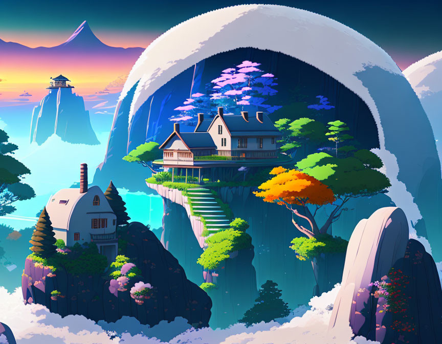 Surreal landscape with floating islands and vibrant trees