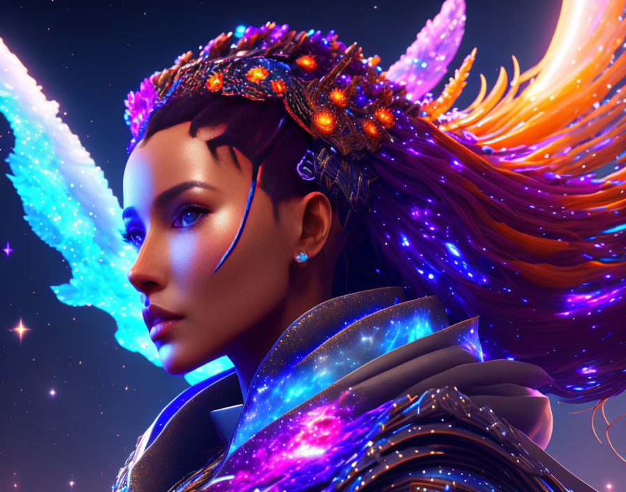 Vibrant digital artwork: Woman with cosmic-themed headdress and armor