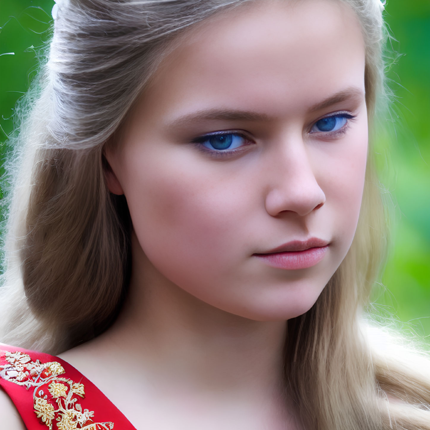 Young woman with blue eyes, blonde hair, in red & gold embroidered dress