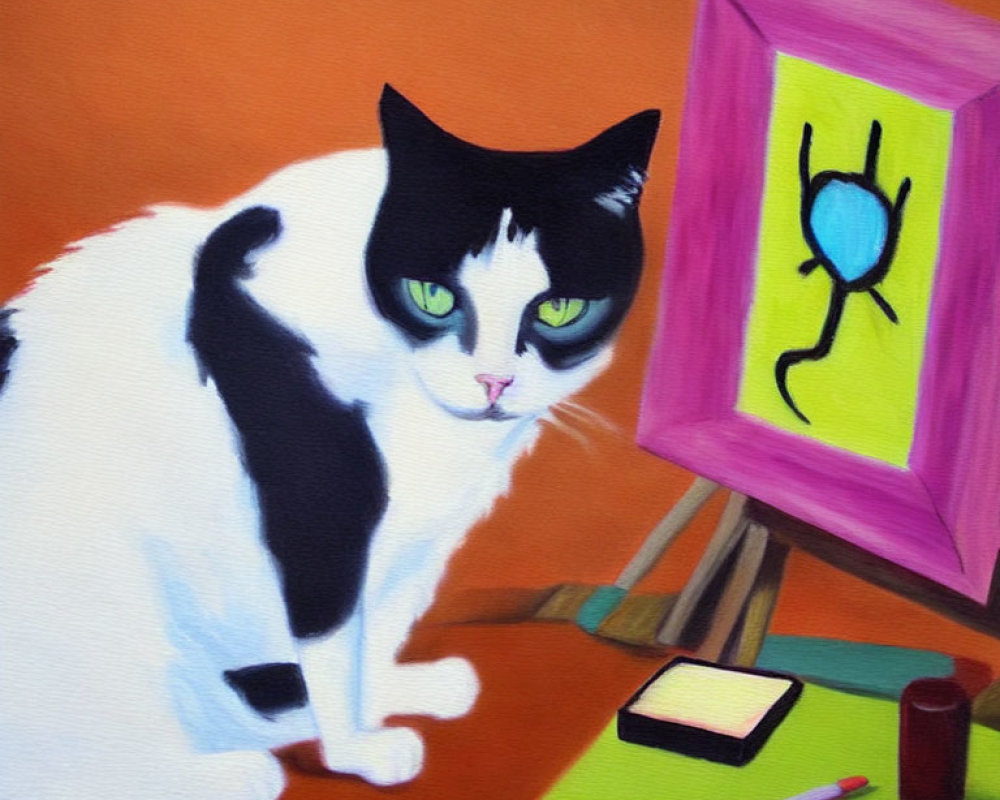 Black and white cat with green notebook, red-brown bottle, and blue bug painting on easel