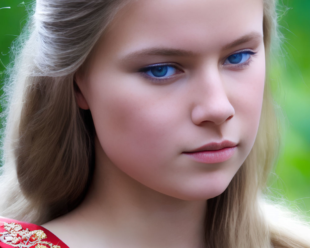 Young woman with blue eyes, blonde hair, in red & gold embroidered dress