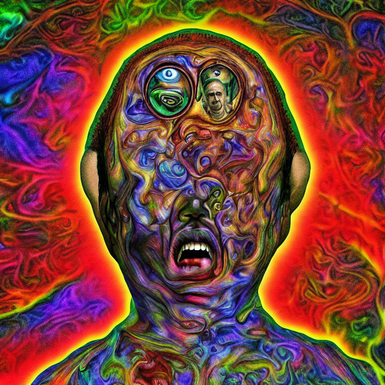 Colorful psychedelic art of person with distorted face