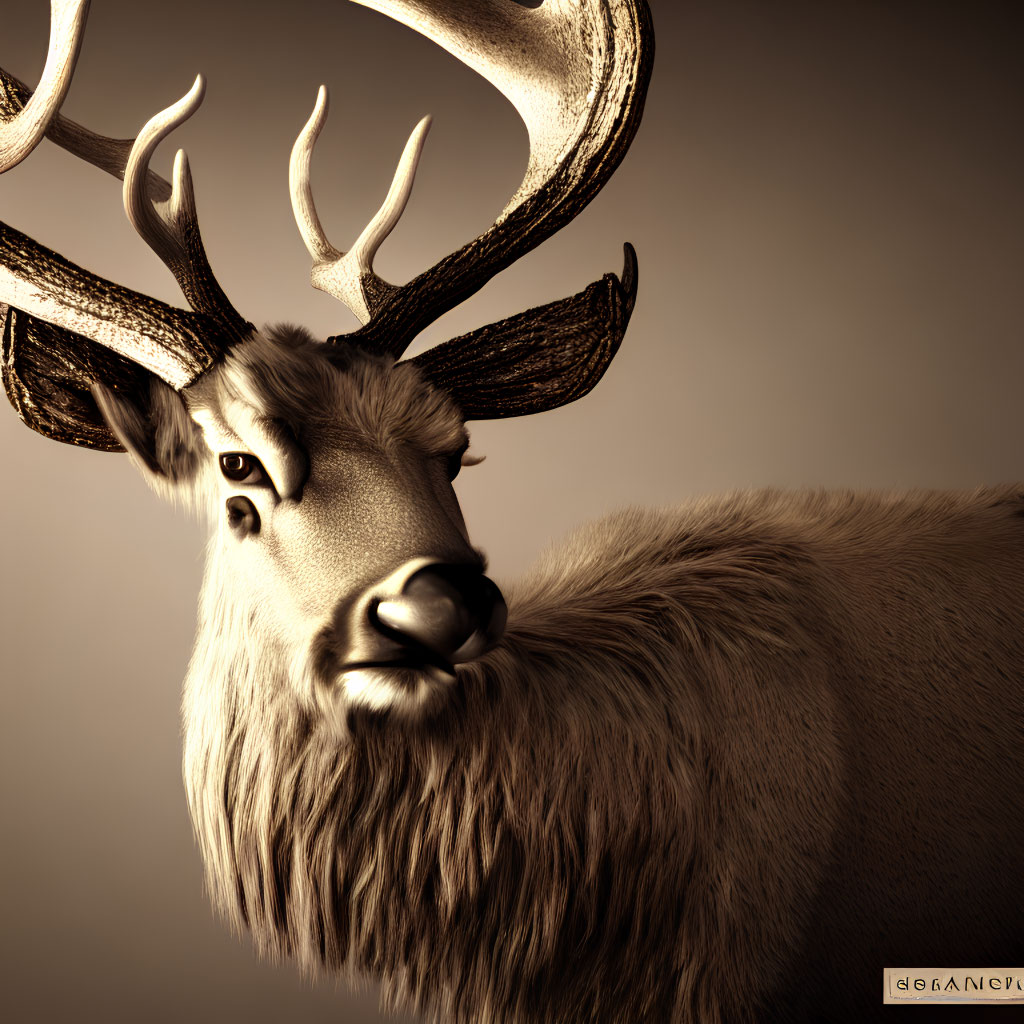 Majestic stag portrait with prominent antlers in warm sepia light